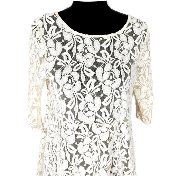 Free People EUC Wmn M  Ivory Lace Overlay 3/4 Sleeves Skater Dress - Picture 4 of 6